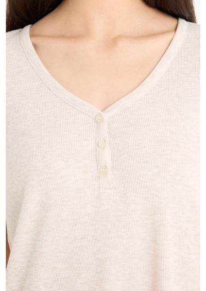 Regular Fit Ribana Kısa Kollu Üst Beli Lastikli Şort- Fall in Love E9832AX25SM