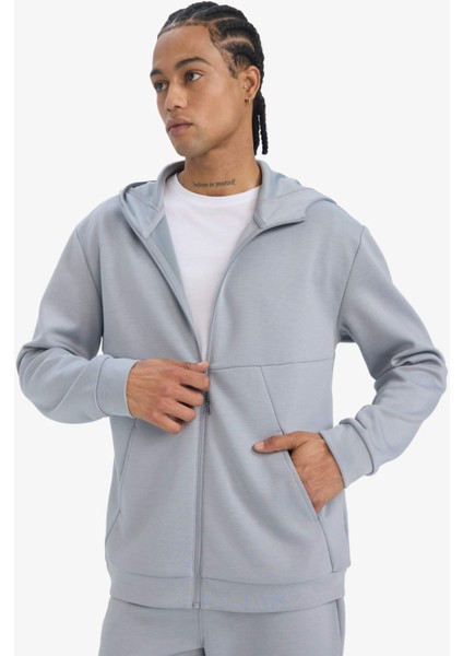 Fit Standart Fit Kapüşonlu Skuba Dalgıç Kumaş Yumuşak Tuşe Fermuarlı Hırka E9336AX25AU