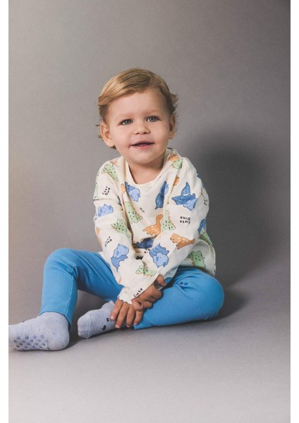 Erkek Bebek Yenidoğan Dinozor Baskılı Penye 2'li Uzun Kollu Tişört F0124A525AU