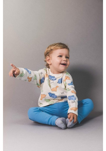 Erkek Bebek Yenidoğan Dinozor Baskılı Penye 2'li Uzun Kollu Tişört F0124A525AU