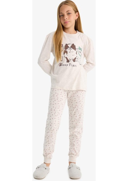 Kız Çocuk Pijama Takımı Köpek Baskılı Uzun Kollu Üst Desenli Uzun Alt F1084A825AU