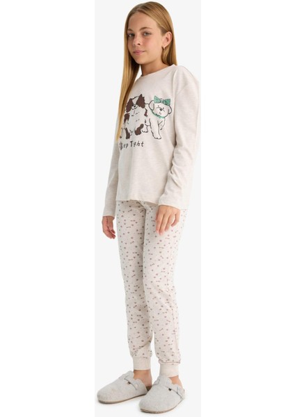Kız Çocuk Pijama Takımı Köpek Baskılı Uzun Kollu Üst Desenli Uzun Alt F1084A825AU