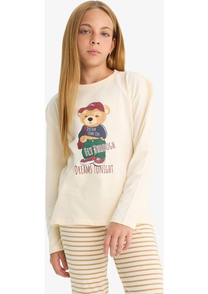 Kız Çocuk Pijama Takımı Baskılı Uzun Kollu Üst Çizgili Uzun Alt F1085A825AU