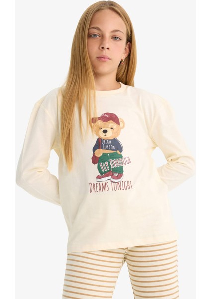 Kız Çocuk Pijama Takımı Baskılı Uzun Kollu Üst Çizgili Uzun Alt F1085A825AU