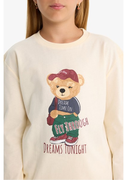 Kız Çocuk Pijama Takımı Baskılı Uzun Kollu Üst Çizgili Uzun Alt F1085A825AU