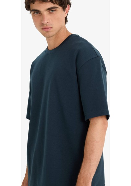 Oversize Geniş Kalıp Bisiklet Yaka Ağır Kumaş Basic Düz Kısa Kollu Tişört E9798AX25AU