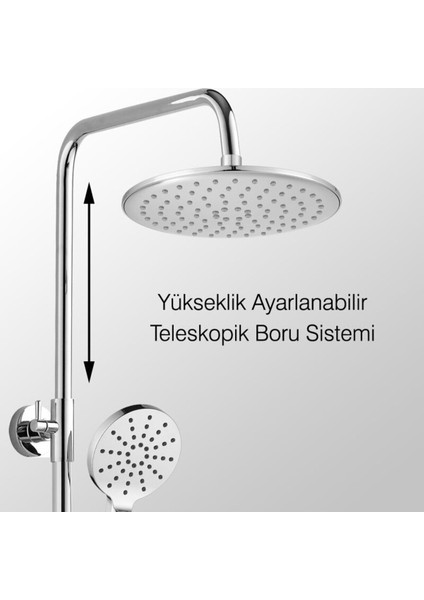 Teleskopik Kolonlu Tepe Duş Seti, 3 Fonksiyonlu El Başlıklı, Gümüş Renk modelleri