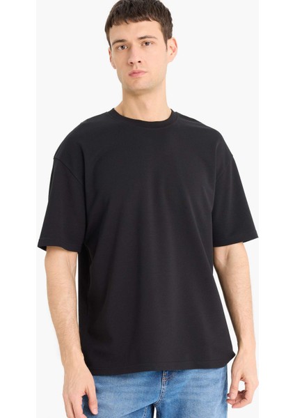 Oversize Geniş Kalıp Bisiklet Yaka Ağır Kumaş Basic Düz Kısa Kollu Tişört X3926AZ25AU