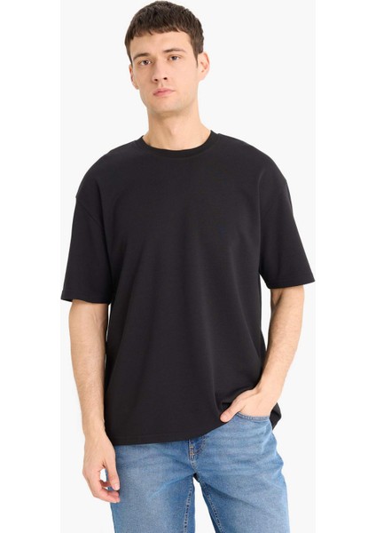 Oversize Geniş Kalıp Bisiklet Yaka Ağır Kumaş Basic Düz Kısa Kollu Tişört X3926AZ25AU