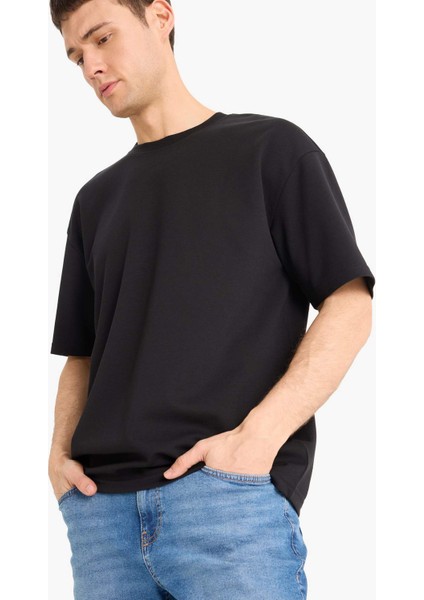 Oversize Geniş Kalıp Bisiklet Yaka Ağır Kumaş Basic Düz Kısa Kollu Tişört X3926AZ25AU