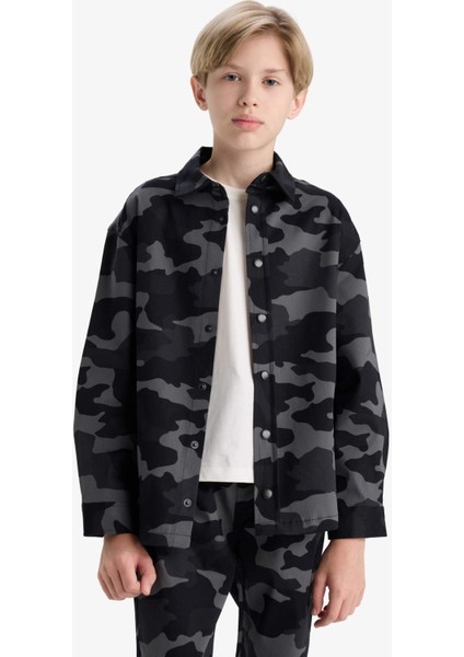 Erkek Çocuk Oversize Geniş Kalıp Polo Yaka Kamuflaj Desenli Gabardin Uzun Kollu Gömlek F1507A825AU
