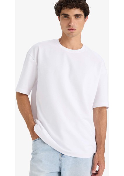 Oversize Geniş Kalıp Bisiklet Yaka Ağır Kumaş Basic Düz Kısa Kollu Tişört E9798AX25AU