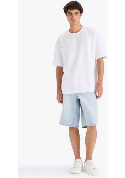 Oversize Geniş Kalıp Bisiklet Yaka Ağır Kumaş Basic Düz Kısa Kollu Tişört E9798AX25AU