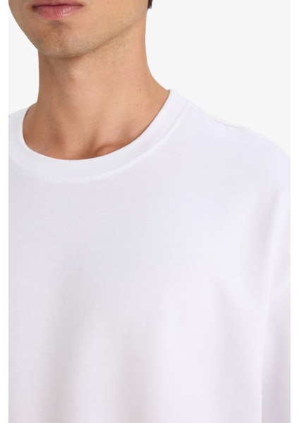 Oversize Geniş Kalıp Bisiklet Yaka Ağır Kumaş Basic Düz Kısa Kollu Tişört E9798AX25AU