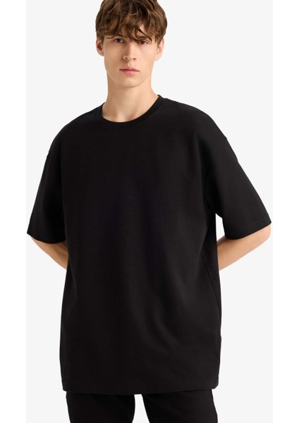 Oversize Geniş Kalıp Bisiklet Yaka Ağır Kumaş Basic Düz Kısa Kollu Tişört E9798AX25AU