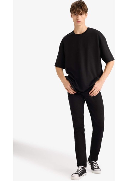 Oversize Geniş Kalıp Bisiklet Yaka Ağır Kumaş Basic Düz Kısa Kollu Tişört E9798AX25AU