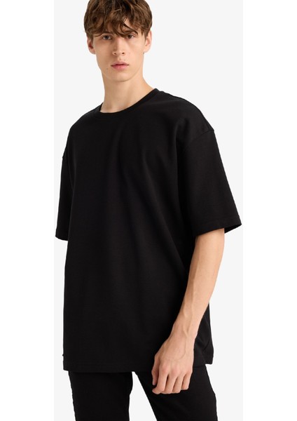 Oversize Geniş Kalıp Bisiklet Yaka Ağır Kumaş Basic Düz Kısa Kollu Tişört E9798AX25AU
