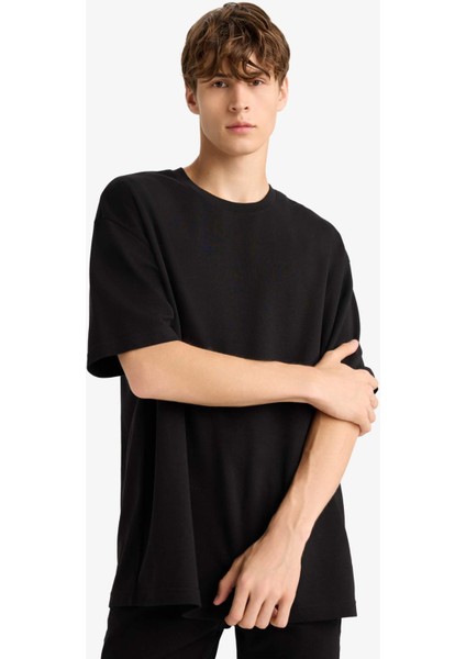 Oversize Geniş Kalıp Bisiklet Yaka Ağır Kumaş Basic Düz Kısa Kollu Tişört E9798AX25AU