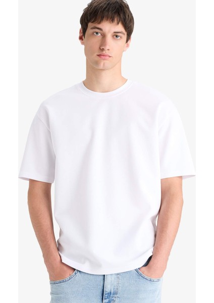 Oversize Geniş Kalıp Bisiklet Yaka Ağır Kumaş Basic Düz Kısa Kollu Tişört X3926AZ25AU