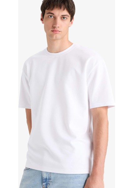 Oversize Geniş Kalıp Bisiklet Yaka Ağır Kumaş Basic Düz Kısa Kollu Tişört X3926AZ25AU