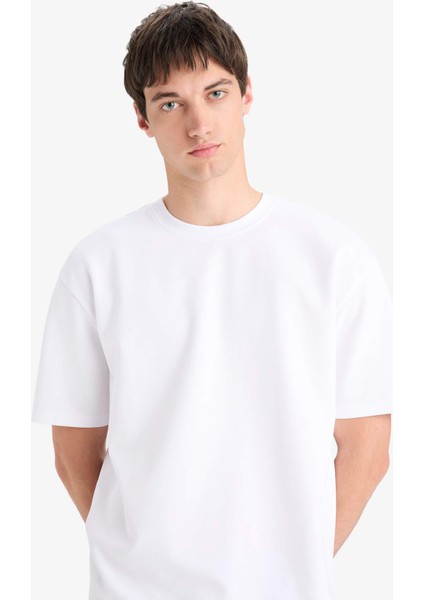 Oversize Geniş Kalıp Bisiklet Yaka Ağır Kumaş Basic Düz Kısa Kollu Tişört X3926AZ25AU