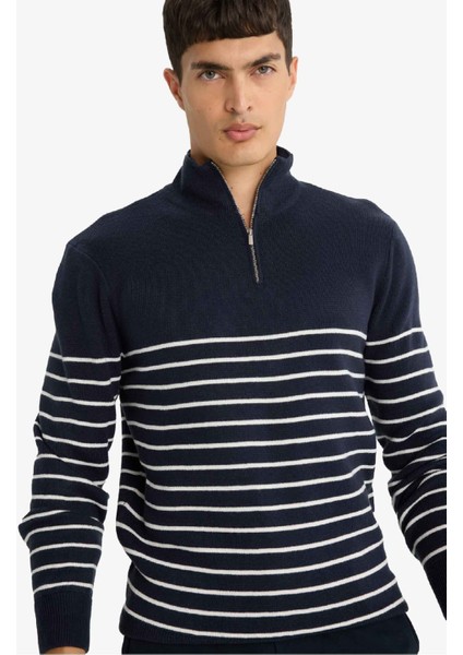 Standart Fit Yarım Fermuarlı Çizgili Triko Kazak F1522AX25AU
