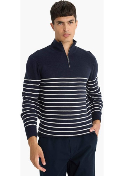 Standart Fit Yarım Fermuarlı Çizgili Triko Kazak F1522AX25AU