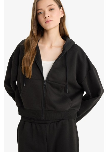 Cropped Fit Kapüşonlu Kalın Fermuarlı Sweatshirt Z7069AZ25WN