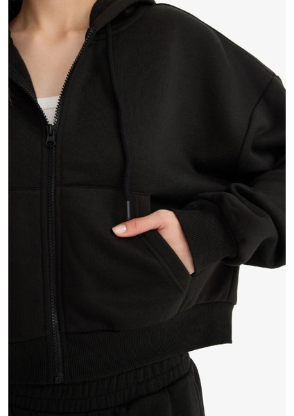 Cropped Fit Kapüşonlu Kalın Fermuarlı Sweatshirt Z7069AZ25WN