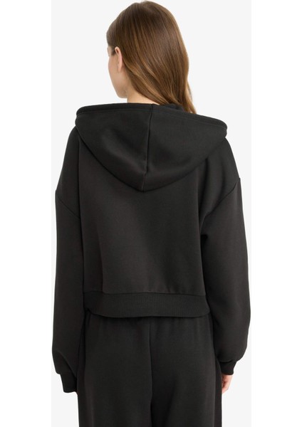 Cropped Fit Kapüşonlu Kalın Fermuarlı Sweatshirt Z7069AZ25WN