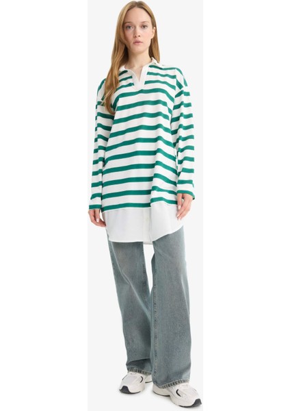 Regular Fit Polo Yaka Çizgili Uzun Kollu Sweatshirt Tunik D2183AX25AU