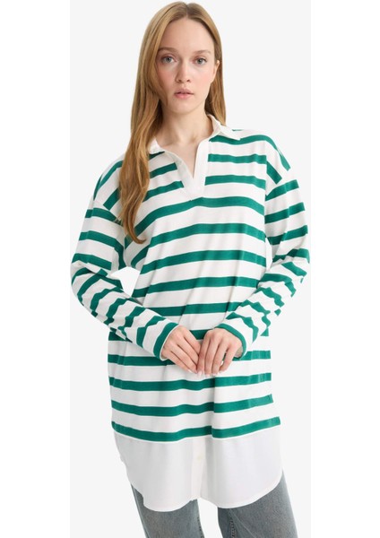 Regular Fit Polo Yaka Çizgili Uzun Kollu Sweatshirt Tunik D2183AX25AU