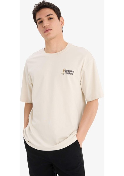 %100 Pamuk Looney Tunes Boxy Fit Rahat Kesim Bisiklet Yaka Sırt Baskılı Kısa Kollu Tişört E9292AX25AU