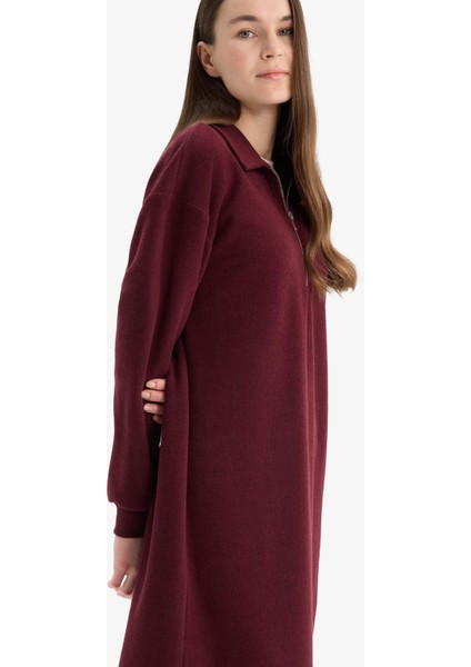 Loose Fit Fermuarlı Polo Yaka Selanik Kumaş Basic Düz Uzun Kollu Midi Elbise F1640AX25SP