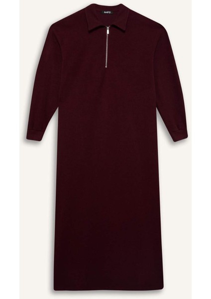 Loose Fit Fermuarlı Polo Yaka Selanik Kumaş Basic Düz Uzun Kollu Midi Elbise F1640AX25SP