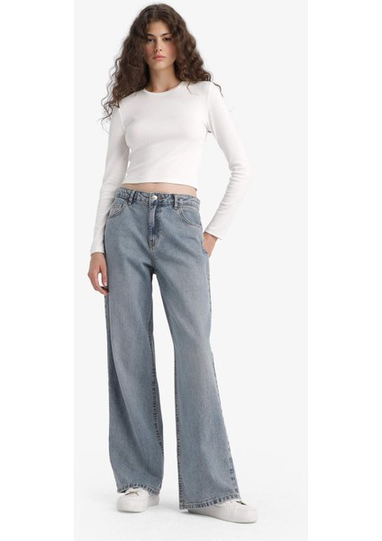 Straight Wide Yüksek Bel Uzun Jean Yıkamalı Pantolon E9126AX25AU