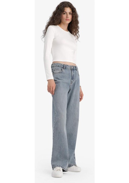 Straight Wide Yüksek Bel Uzun Jean Yıkamalı Pantolon E9126AX25AU