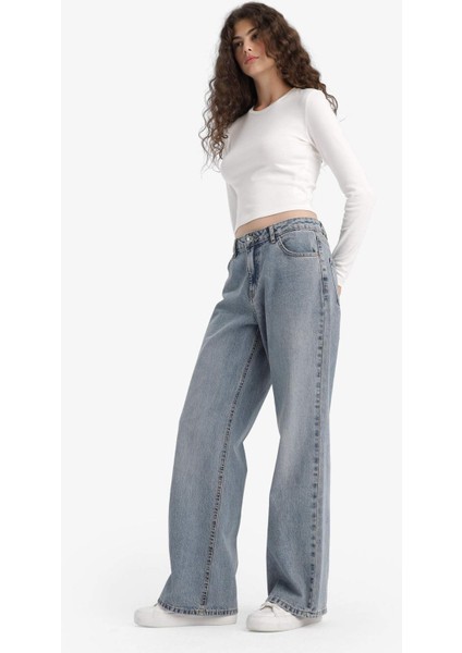 Straight Wide Yüksek Bel Uzun Jean Yıkamalı Pantolon E9126AX25AU