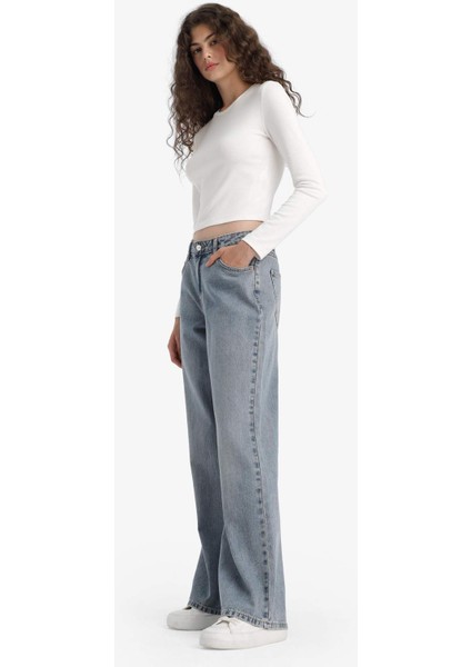 Straight Wide Yüksek Bel Uzun Jean Yıkamalı Pantolon E9126AX25AU