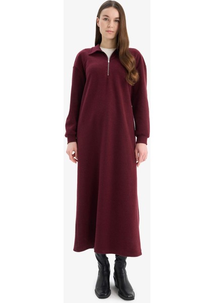 Loose Fit Fermuarlı Polo Yaka Selanik Kumaş Basic Düz Uzun Kollu Midi Elbise F1640AX25SP