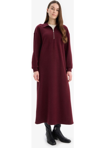 Loose Fit Fermuarlı Polo Yaka Selanik Kumaş Basic Düz Uzun Kollu Midi Elbise F1640AX25SP