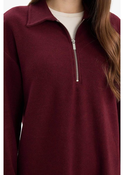 Loose Fit Fermuarlı Polo Yaka Selanik Kumaş Basic Düz Uzun Kollu Midi Elbise F1640AX25SP