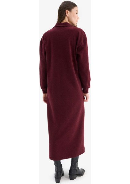 Loose Fit Fermuarlı Polo Yaka Selanik Kumaş Basic Düz Uzun Kollu Midi Elbise F1640AX25SP