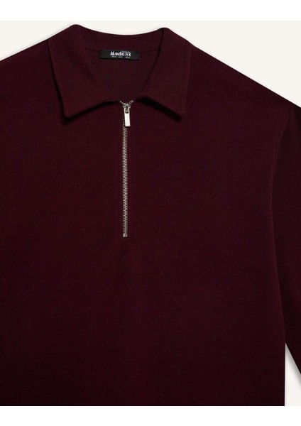 Loose Fit Fermuarlı Polo Yaka Selanik Kumaş Basic Düz Uzun Kollu Midi Elbise F1640AX25SP