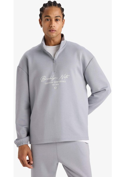 NBA Brooklyn Nets Boxy Fit Dik Yaka Fermuarlı Sırt Baskılı Skuba Dalgıç Kumaş Sweatshirt E8764AX25AU