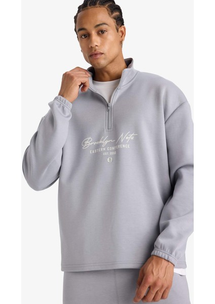 NBA Brooklyn Nets Boxy Fit Dik Yaka Fermuarlı Sırt Baskılı Skuba Dalgıç Kumaş Sweatshirt E8764AX25AU