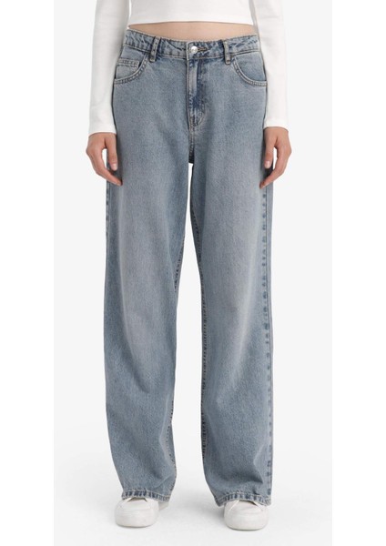 Straight Wide Yüksek Bel Uzun Jean Yıkamalı Pantolon E9126AX25AU