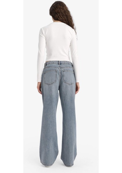 Straight Wide Yüksek Bel Uzun Jean Yıkamalı Pantolon E9126AX25AU
