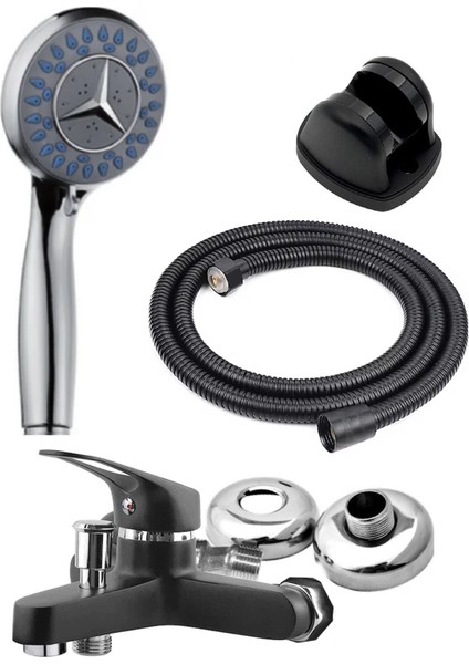 Siyah Krom Banyo Bataryası ve Yıldız Desenli Duş Seti, Hortumlu, Şık ve Pratik
