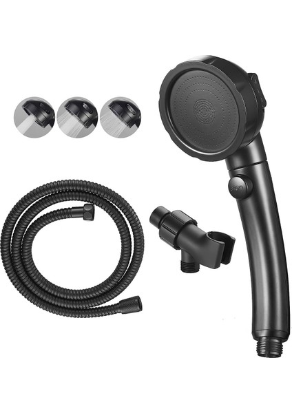 5 Fonksiyonlu Duş Başlığı ve Askı, 1,5m Siyah Örgülü Hortum, 3'lü Set
